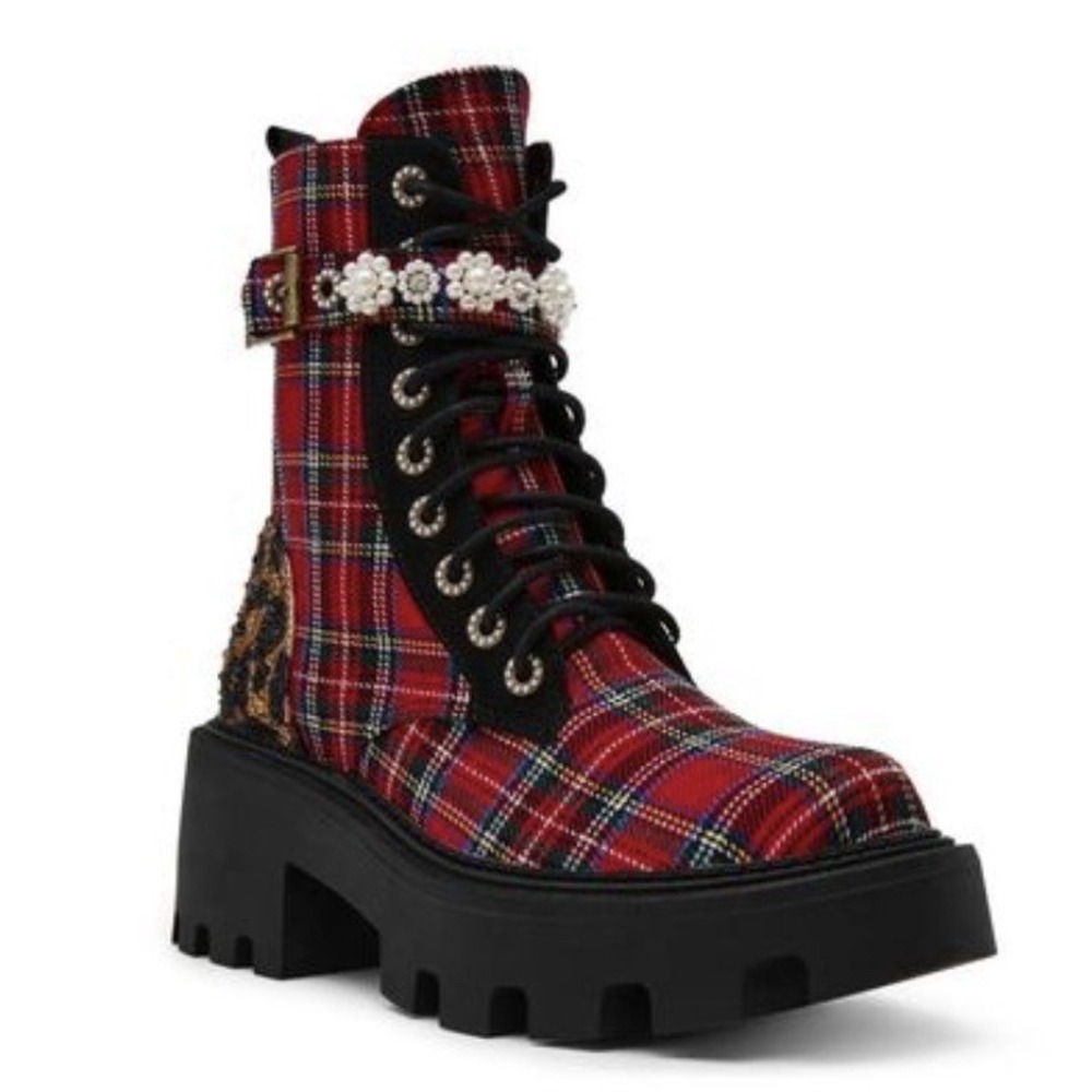 Betsey Jonnie Boots Women Heathr Red Plaid Size 9.5 Holiday Pearl Sequin Animal